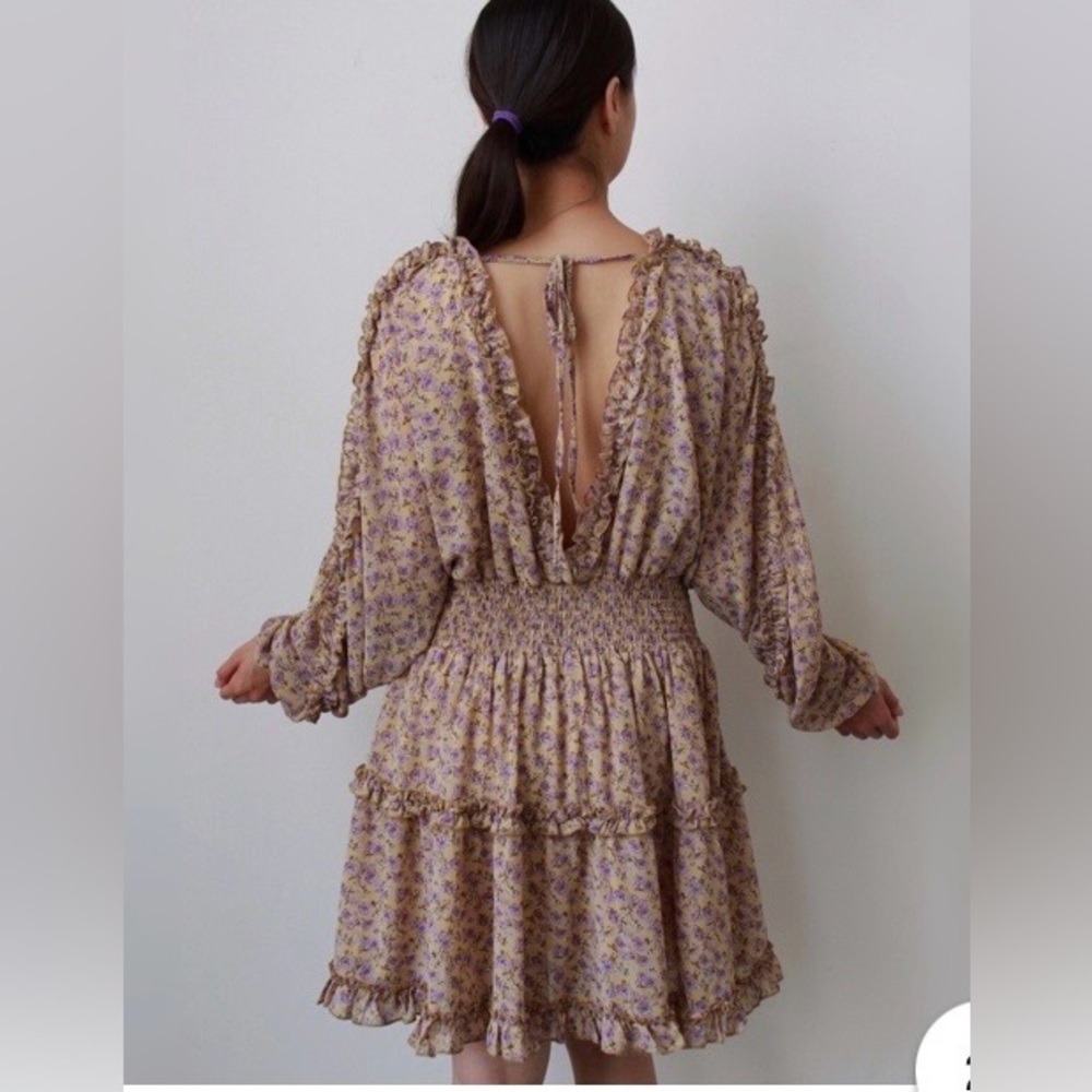 She + Sky Lavender Floral Tiered Open-Back Mini Dress